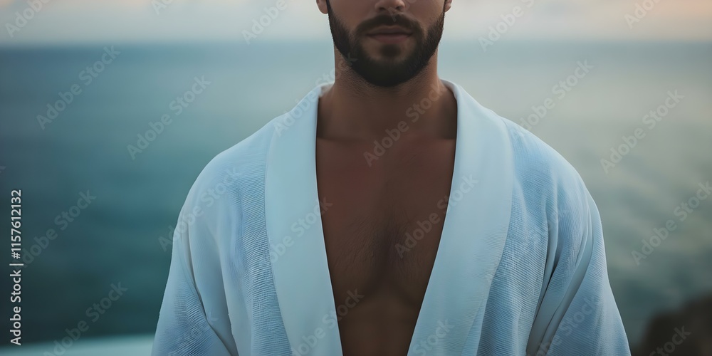 A close-up of a man in a white robe, standing near a body of water with a calm, blurred background. Concept Close-up Portrait, Man in White Robe, Serene Water Scene, Blurred Background A close-up of a man in a white robe, standing near a body of water with a calm, blurred background. Concept Close-up Portrait, Man in White Robe, Serene Water Scene, Blurred Background