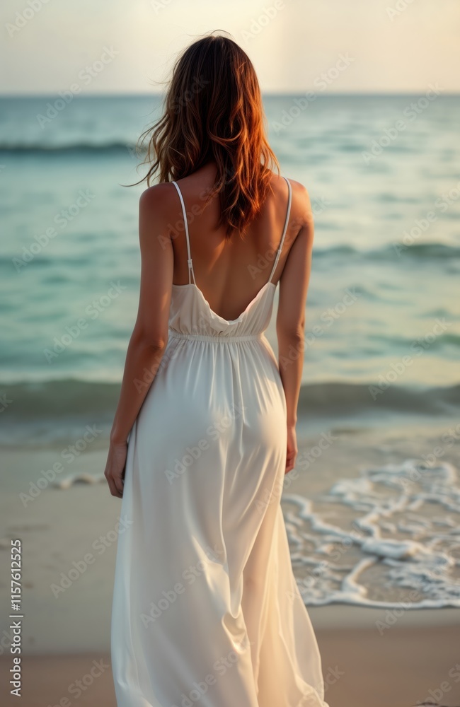 Elegant woman in white silk dress poses on beach by sea. Summer day. Fashionable style. Destination wedding guest. Beautiful, pretty woman. Sensual, attractive, stylish. Casual luxury. Beach location. Elegant woman in white silk dress poses on beach by sea. Summer day. Fashionable style. Destination wedding guest. Beautiful, pretty woman. Sensual, attractive, stylish. Casual luxury. Beach location.