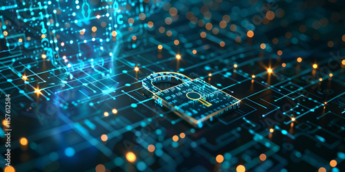 Glowing digital lock surrounded by circuit patterns, symbolizing advanced encryption and cybersecurity

