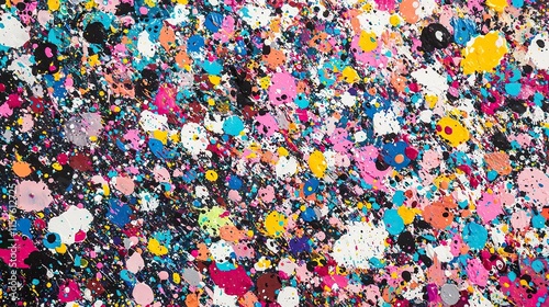 Colorful splattered paint creating an abstract art pattern on a canvas
