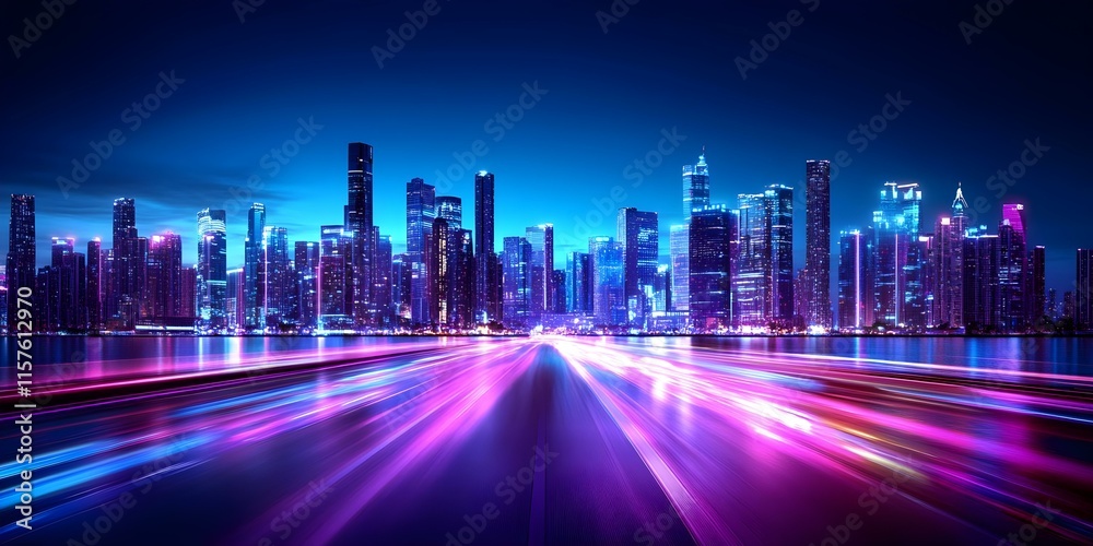 Fototapeta premium A vibrant city skyline at night, illuminated by colorful lights, with a blurred foreground suggesting fast movement. Concept City Skyline, Night Photography, Colorful Lights, Motion Blur, Urban Vibes