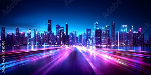 A vibrant city skyline at night, illuminated by colorful lights, with a blurred foreground suggesting fast movement. Concept City Skyline, Night Photography, Colorful Lights, Motion Blur, Urban Vibes