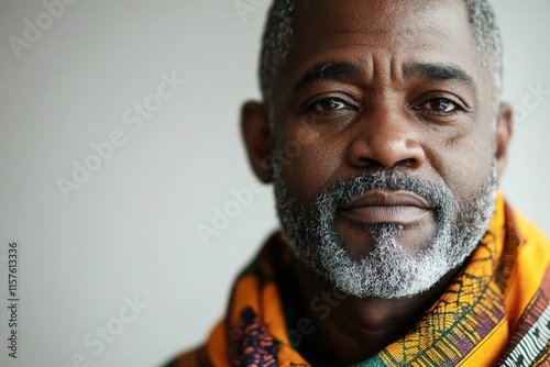 Portrait captures thoughtful man adorned in vibrant, patterned s photo