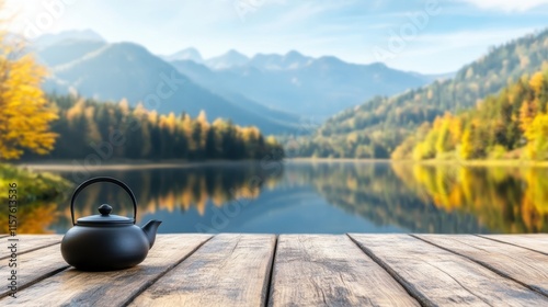 Serene Black Teapot on Wooden Table with Scenic Mountain Lake View photo