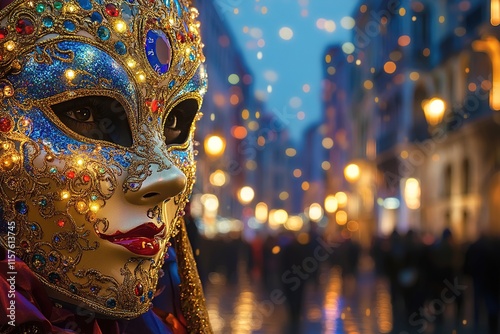 Intricate mask with vibrant colors shines under evening lights,