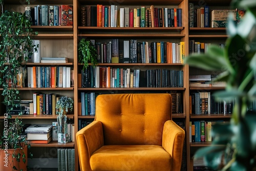 Cozy reading nook with vibrant yellow chair and well-stocked boo photo