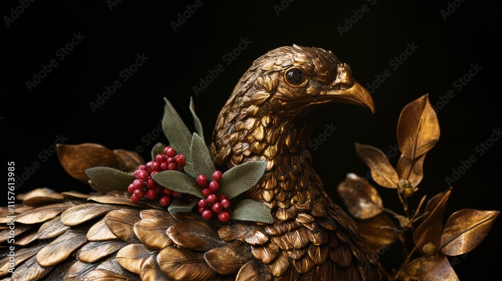 Obraz premium Exquisite Bronze Bird Sculpture with Detailed Feathers and Decorative Accents