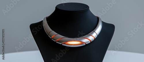 A necklace with a glowing orange pendant is displayed on a black stand