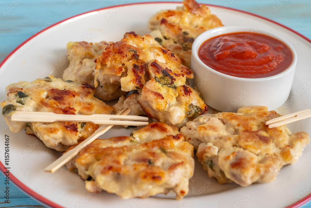 Chopped turkey schnitzels served with tomato sauce. Chopped turkey schnitzels served with tomato sauce.