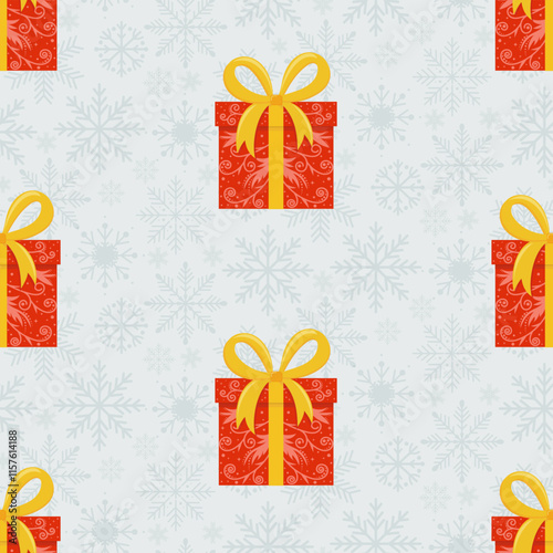 Christmas pattern with christmas gifts, snowflakes on a blue background. Seamless background perfect for use in textiles, wallpapers, and festive decorations.