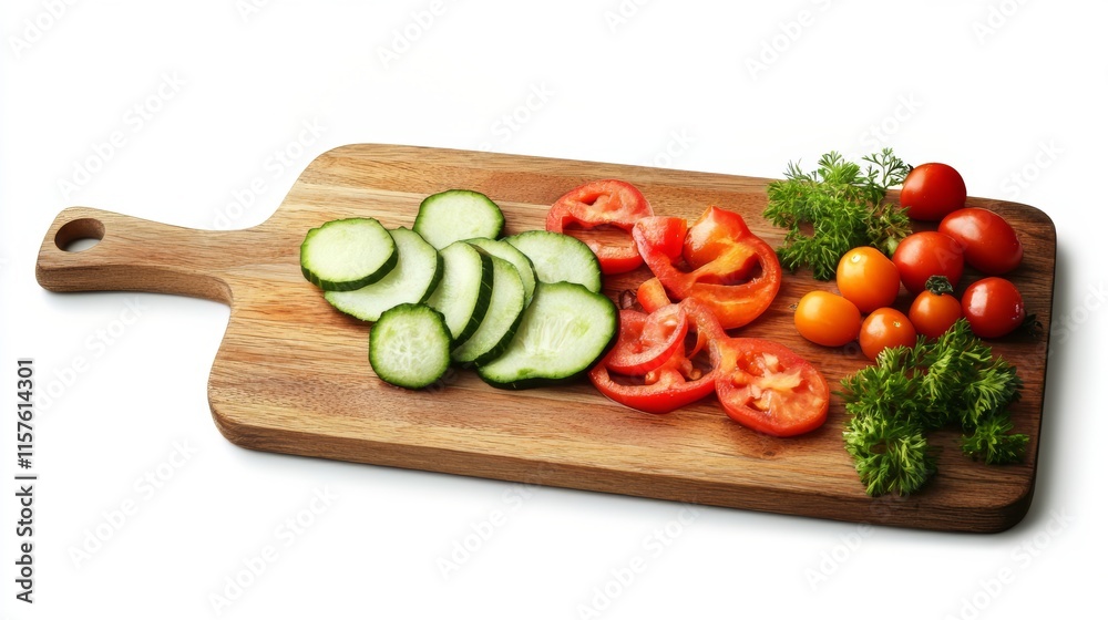 Sliced Cucumber, Tomatoes, and Bell Peppers on a Wooden Cutting Board Sliced Cucumber, Tomatoes, and Bell Peppers on a Wooden Cutting Board