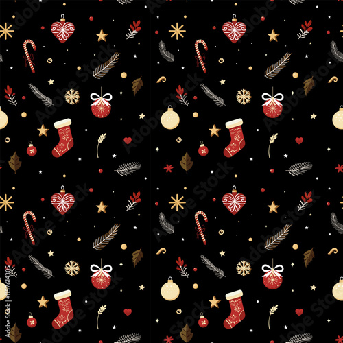 Christmas pattern with balls, sweets, snowflakes, socks on a dark background. Seamless background perfect for use in textiles, wallpapers, and festive decorations.