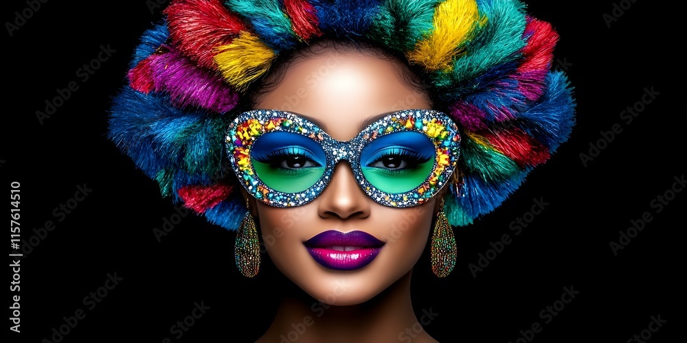 Fototapeta premium A stylish individual with a vibrant, colorful hairstyle, wearing oversized decorative sunglasses and bold makeup, set against a black background. Concept Vibrant Hairstyle, Oversized Sunglasses