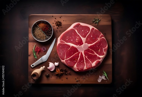 Raw prime steaks. Variety of fresh black angus prime meat steaks T-bone, New York, Ribeye, Striploin, Tomahawk cutting board on black or dark background. Set of various classic steaks. Top view. photo