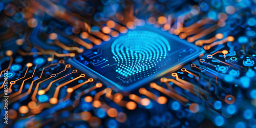 Close-up of a glowing fingerprint on a digital circuit board, symbolizing cybersecurity and biometrics

