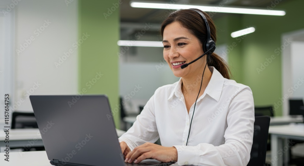 A happy call center worker wearing a headset and talking to a client while working in a customer support office
A happy call center worker wearing a headset and talking to a client while working in a customer support office