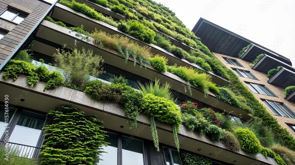 Green balconies overflowing with plants and flowers adorn a contemporary building, showcasing a stunning example of urban greening and sustainable architecture