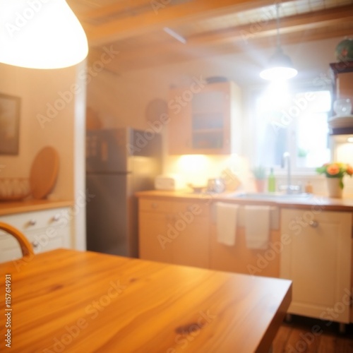 Bright kitchen with a wooden table background.