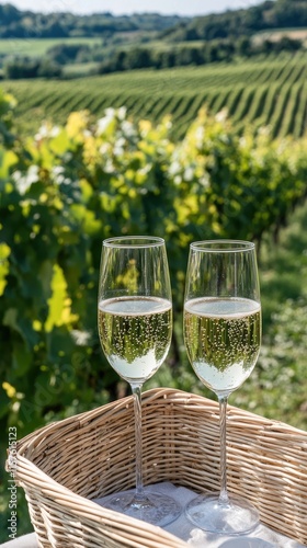 Two champagne glasses sit next to a picnic basket among lush vineyards, creating a romantic outdoor setting during golden hour photo