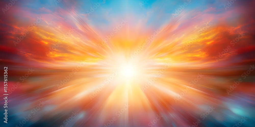 Obraz premium A vibrant and colorful explosion of light and colors, resembling a sunrise or cosmic event in a stylized artistic depiction. Concept Vibrant Color Explosion, Artistic Sunrise, Cosmic Event Aesthetic