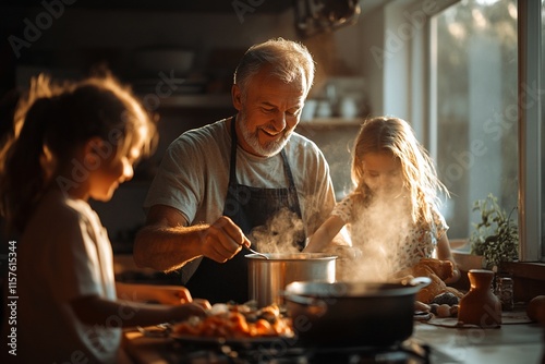 Happy grandfather cooking with granddaughters.