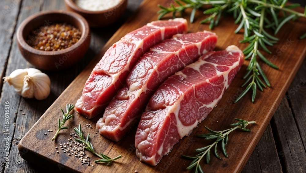 Wooden cutting board with raw pieces of alpaca meat, spices, garlic, and rosemary ready for cooking
Wooden cutting board with raw pieces of alpaca meat, spices, garlic, and rosemary ready for cooking