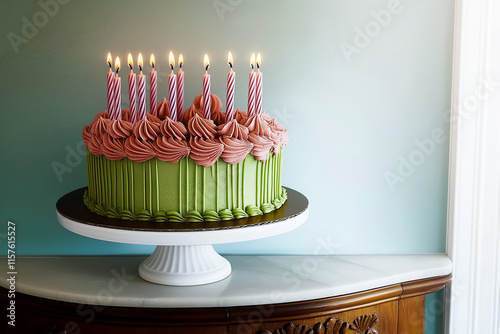 Ornate Lambeth style birthday cake with lit candles on white pedestal, copy space photo
