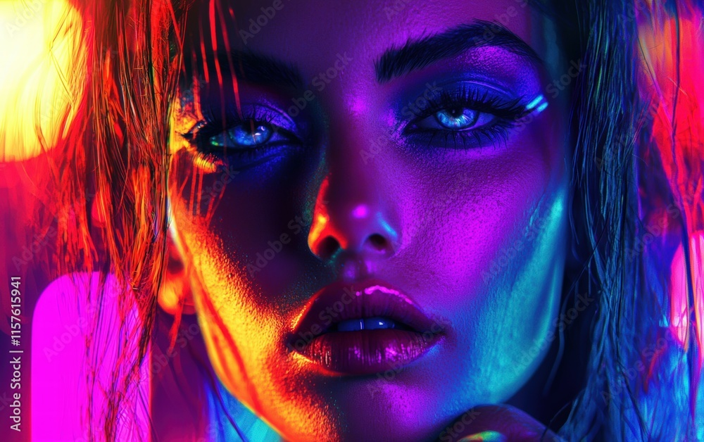 A creative portrait of a girl in vibrant makeup, her face illuminated by neon lights, with deep, rich tones and impeccable sharpness A creative portrait of a girl in vibrant makeup, her face illuminated by neon lights, with deep, rich tones and impeccable sharpness