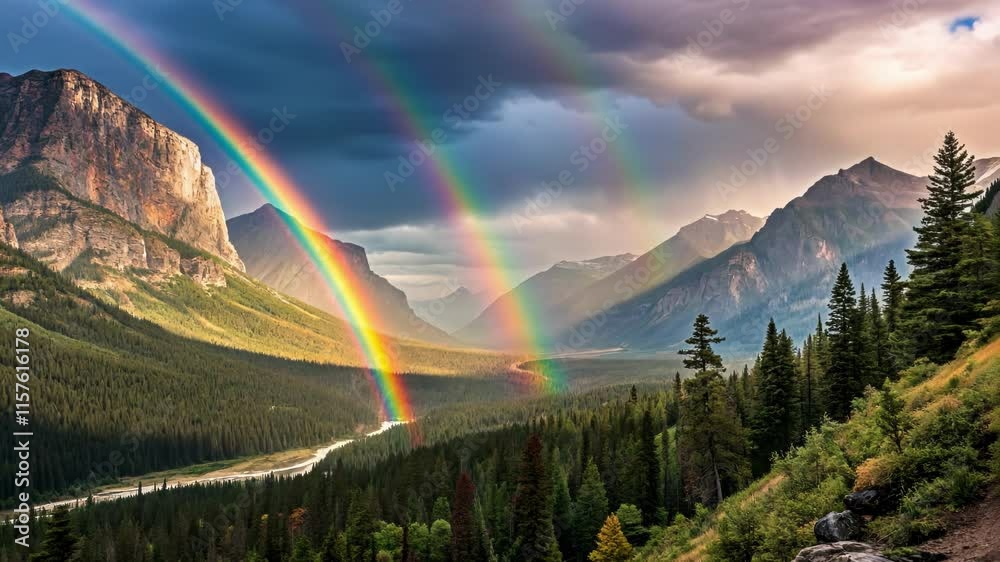 Majestic mountain valley landscape featuring a vibrant double rainbow arching across the sky, with lush green forests and a winding river below, creating a breathtaking natural spectacle