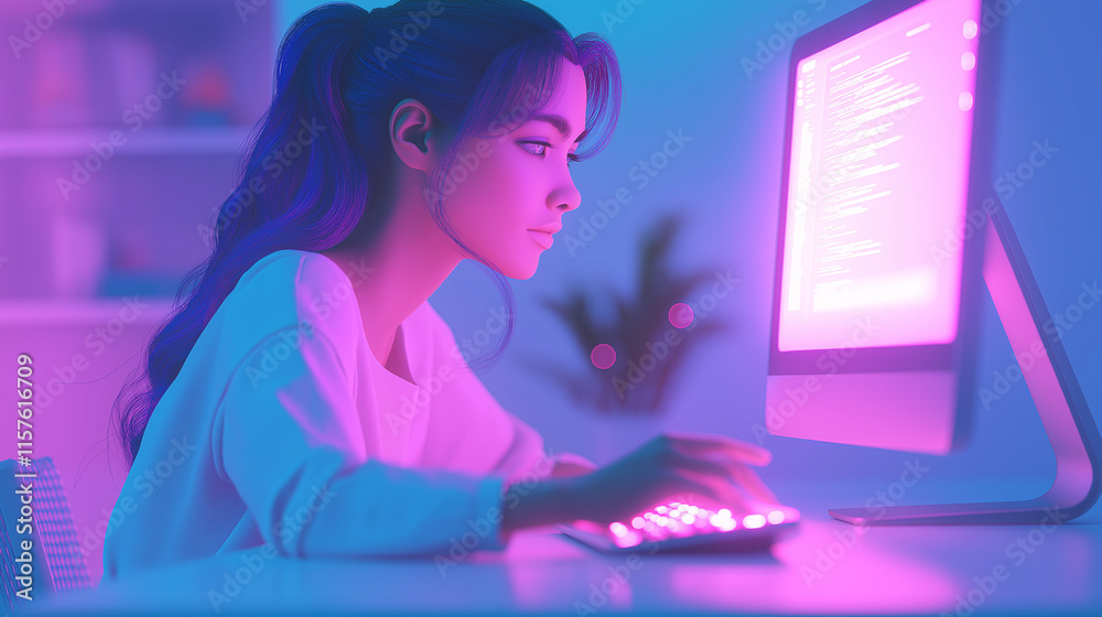 Woman seated at a desk, typing on a computer keyboard with focused attention Woman seated at a desk, typing on a computer keyboard with focused attention