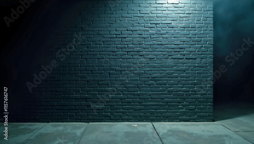 Dark Urban Alleyway Brick Wall With Subtle Blue Illumination And Wet Concrete Floor