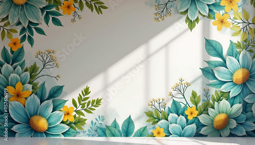 Elaborate Floral Composition Featuring Blue And Yellow Flowers With Natural Light And Shadow Effects On A Neutral Wall