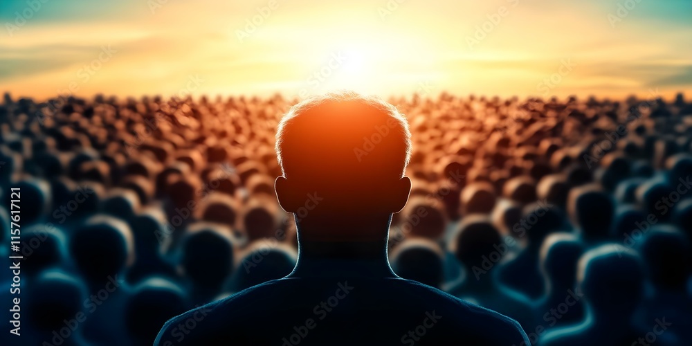 Obraz premium A person stands facing a large crowd at sunset, with the sun illuminating the scene dramatically. Concept Dramatic Sunset Lighting, Inspiring Public Speech, Crowd Engagement, Emotional Atmosphere