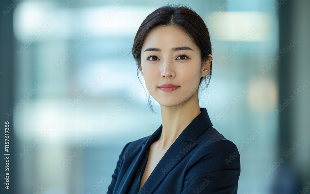 A professional portrait of a businesswoman with sharp features, wearing a tailored blazer, set against a softly blurred office background with clean lines A professional portrait of a businesswoman with sharp features, wearing a tailored blazer, set against a softly blurred office background with clean lines