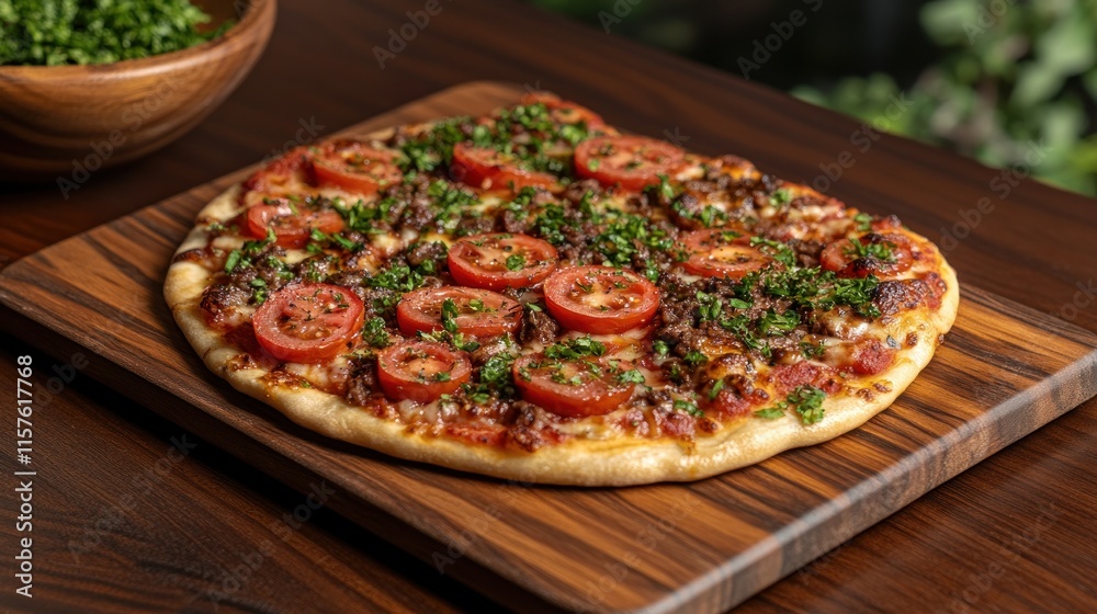 Delicious homemade beef and tomato pizza on wooden board. Delicious homemade beef and tomato pizza on wooden board.