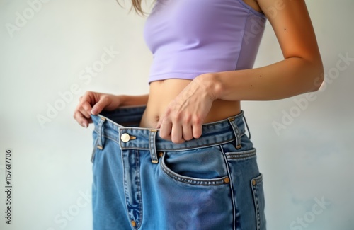 Attractive young Asian woman demonstrates weight loss success. Large jeans fit loosely on slim body. Holds oversized jeans, emphasizing slim waistline. Healthy lifestyle through diet, exercise. Fit photo