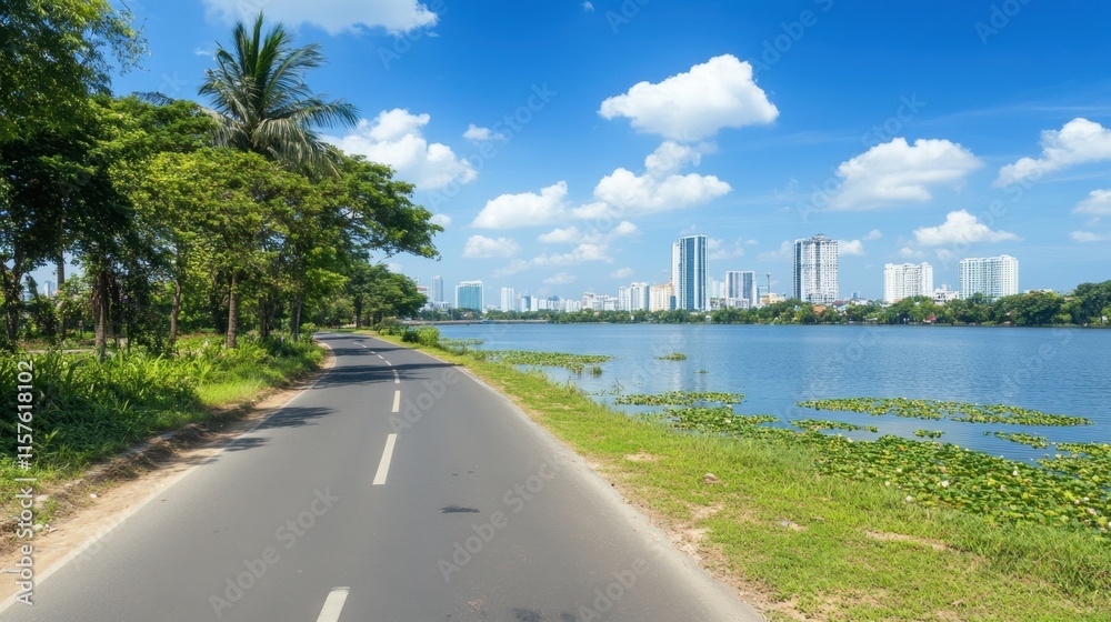 Naklejka premium Serene Lakeside Road with Scenic Urban Skyline and Lush Greenery