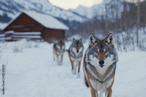 A pack of wolves walks through a snowy landscape, with mountains in the background and a rustic cabin nearby, showcasing the beauty of wildlife in winter. photo