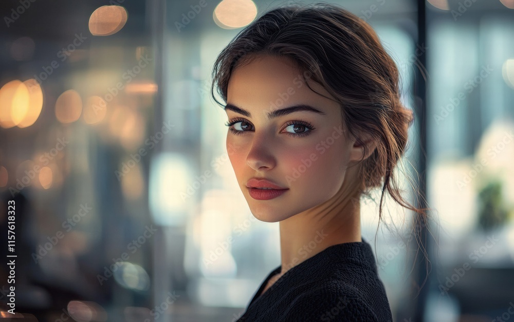 A stylish headshot of a woman in a corporate setting, her expression poised and focused, with a blurred view of an elegant office behind her A stylish headshot of a woman in a corporate setting, her expression poised and focused, with a blurred view of an elegant office behind her