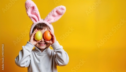 Adorable child wears Easter bunny ears, holds colorful eggs in front of eyes. Happy kid enjoying Easter holiday. Child dressed in light gray hoodie, smiling broadly against bright yellow background.