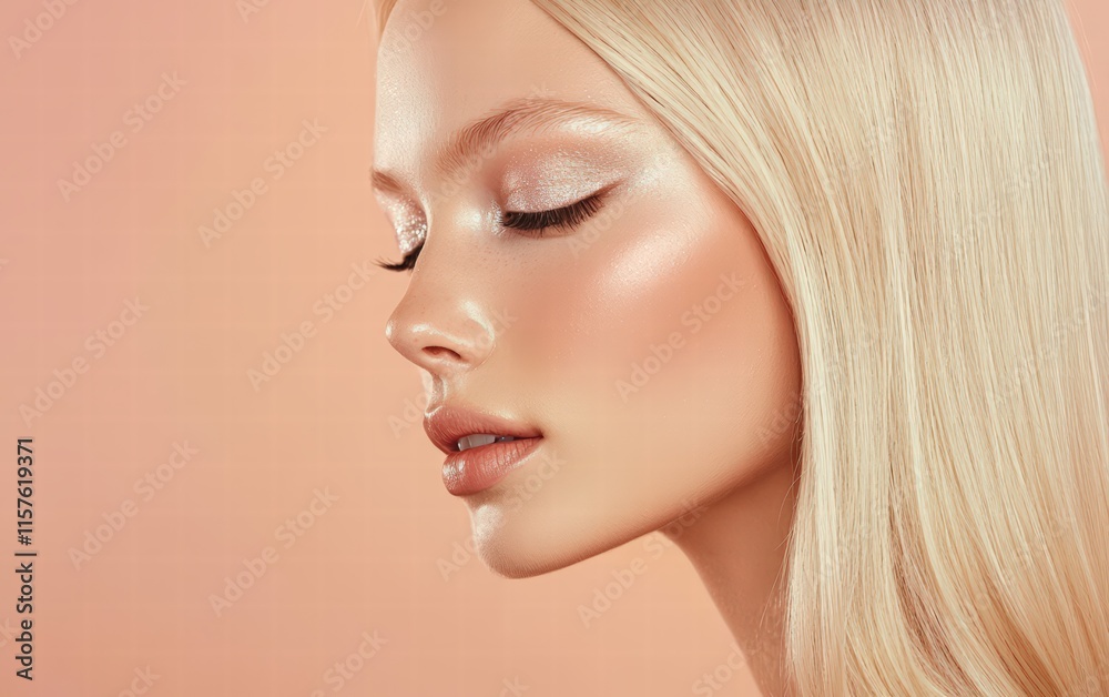 Fototapeta premium Blonde woman with sleek straight hair and shimmering silver eyeshadow, on a pastel peach background