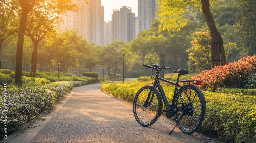 Obraz premium An electric bicycle parked on a clean, green-lined city street, with a modern urban background and eco-friendly infrastructure,