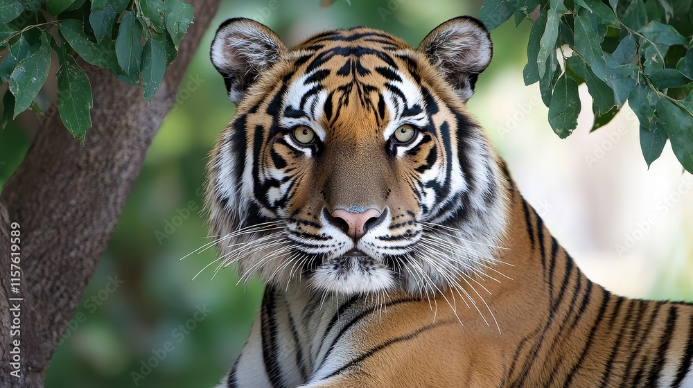 Fototapeta premium A majestic tiger gazes directly at the viewer, framed by lush greenery, showcasing its striking orange and black stripes.