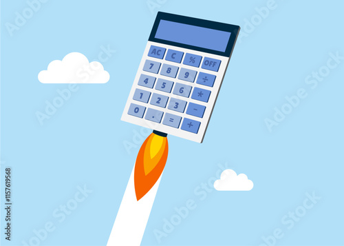 Time to work. Calculator rocket flying high. Interest, financial and mortgage rates. Budget management concept. Financial calculation of money. Tax time. Flat vector illustration