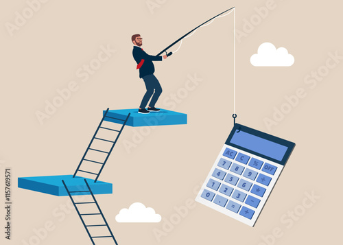 Businessman catching calculator on fishing rod. Vector illustration in flat style. 