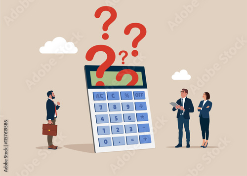 Business people looking on calculator with question marks. Business analysis to new idea. Vector illustration in flat style. 