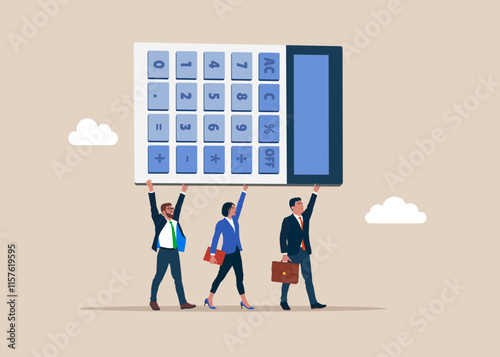 Teamwork in improving performance. Business people working together carry an calculator. Flat vector illustration