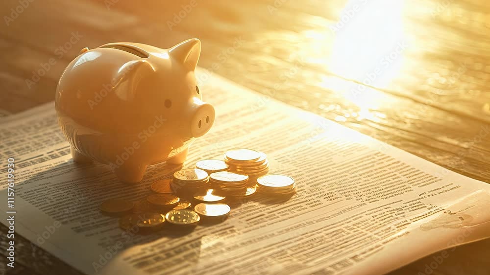 A piggy bank sitting on a financial report with gold coins, illuminated by soft lighting, conveying the idea of investing for future financial security