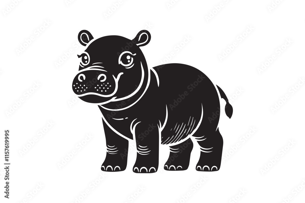 Fototapeta premium simple black an white cute baby hippo animal vector silhouette isolated on a white background