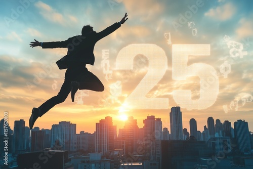 Businessman Leaping from 2024 to 2025 Silhouette at Sunrise, Symbolizing Progress and New Beginnings